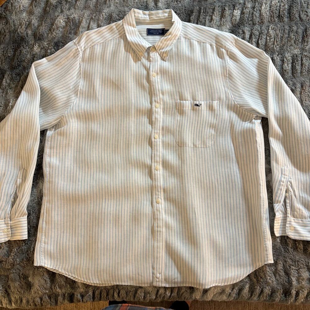 Vineyard Vines XL Linen Shirt Men's Blue White Striped Preppy Coastal Summer